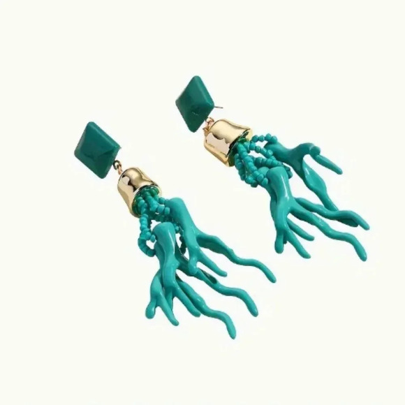 Turquoise Teal Coloured Resin Statement Earring - Coral Branches with beads- NEW - Picture 1 of 3